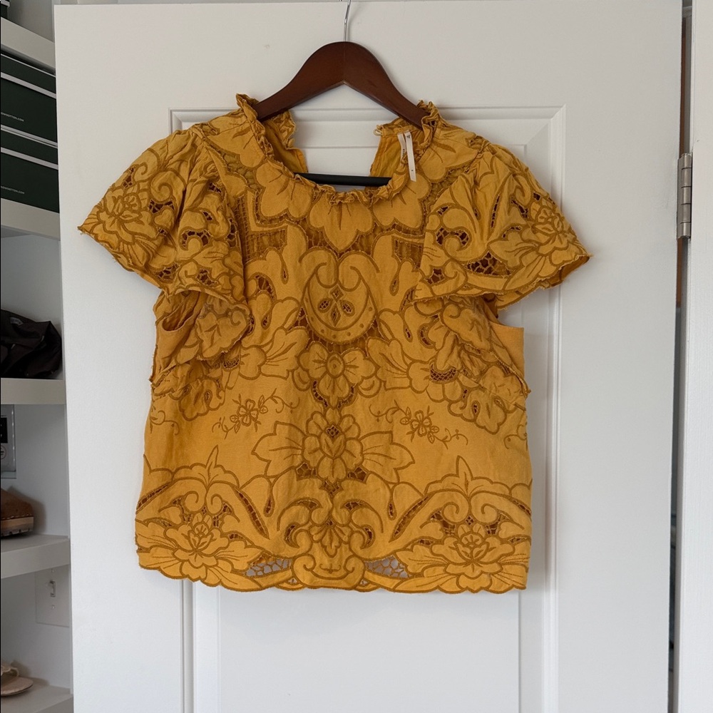 Anthropologie Mustard Embroidered Ruffle-Sleeve Blouse